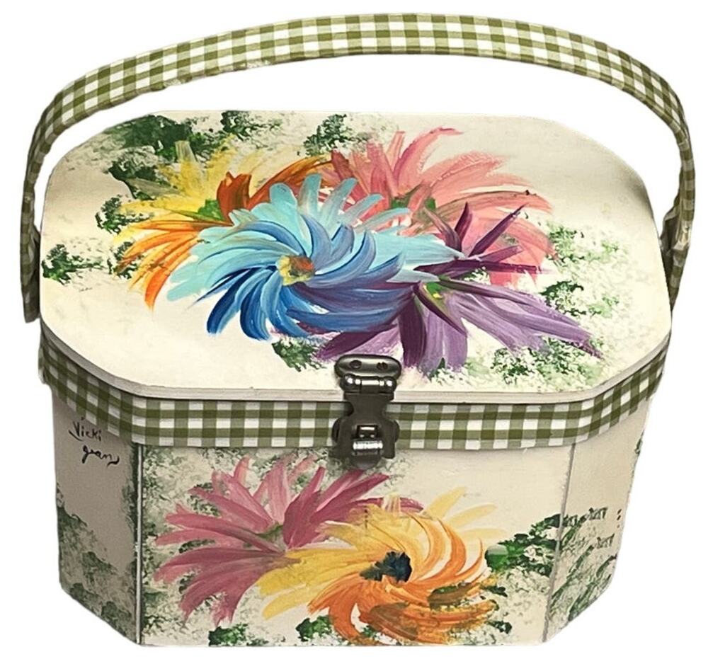 Vintage Vicki Jean wood purse Box. Hand Painted Flowers - Signed